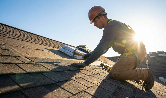Roofer inspecting roof shingles for damage